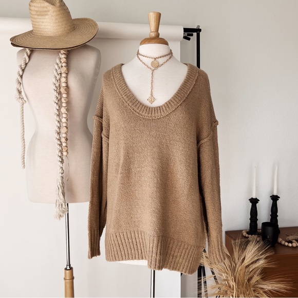 TAN LOW NECK PLUSH KNIT OVERSIZED SWEATER - Picture 2 of 5